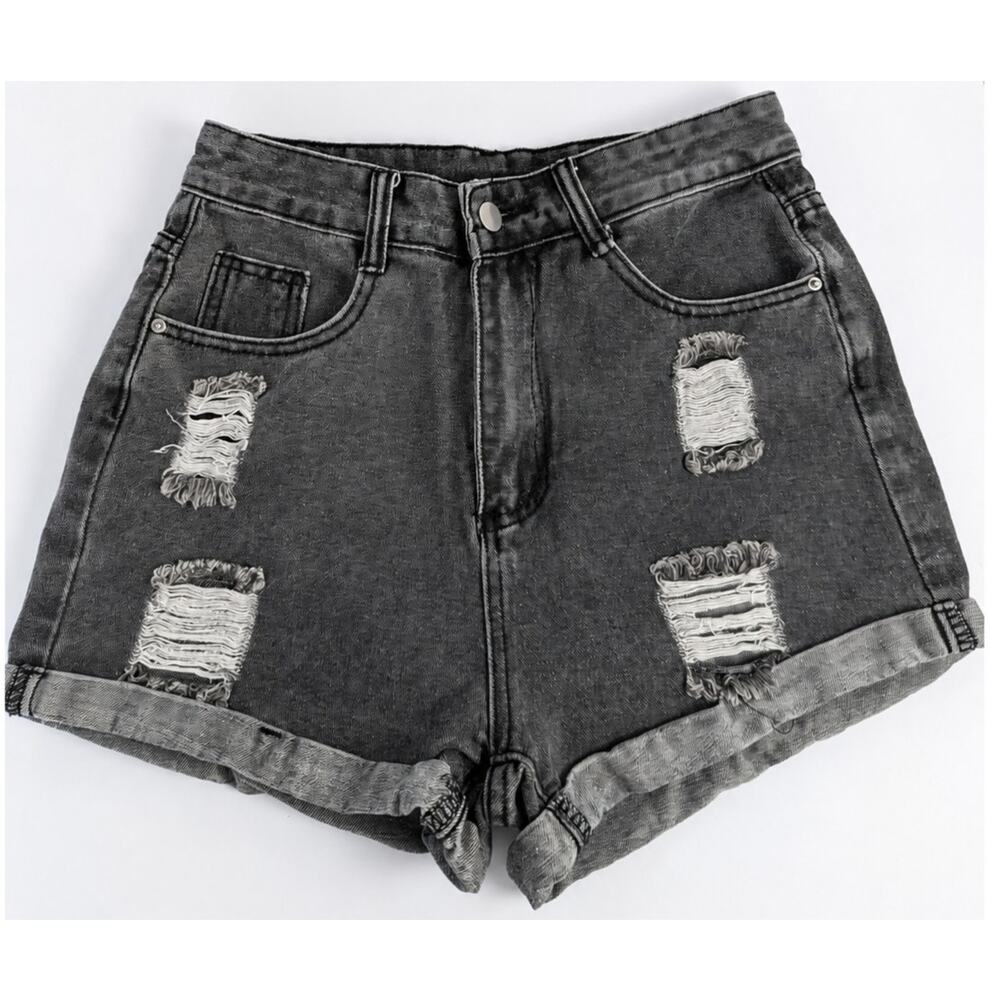 Black Distressed Denim Shorts Women's S High Rise Cuffed Grunge